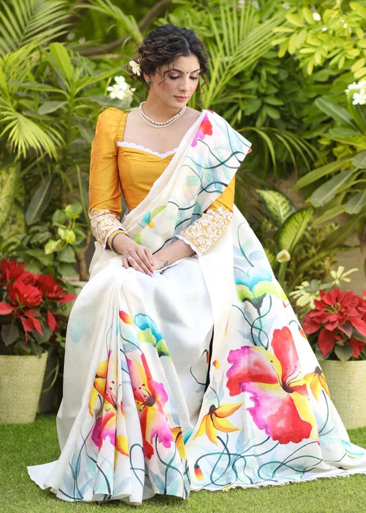 Pure Linen Malti Color Saree with Digital Print in  Flower Design