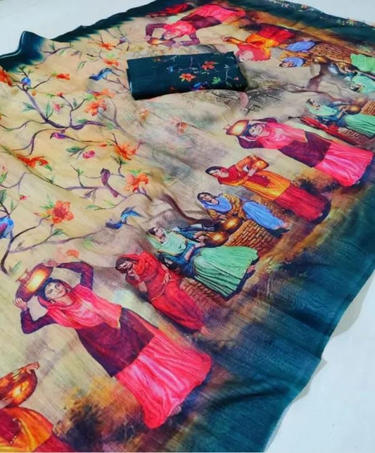 Pure Linen  Malti Color Saree with Digital Print in  Trendy Design