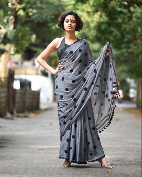 Pure Linen  Grey Color Saree with Digital Print in  Trendy Design