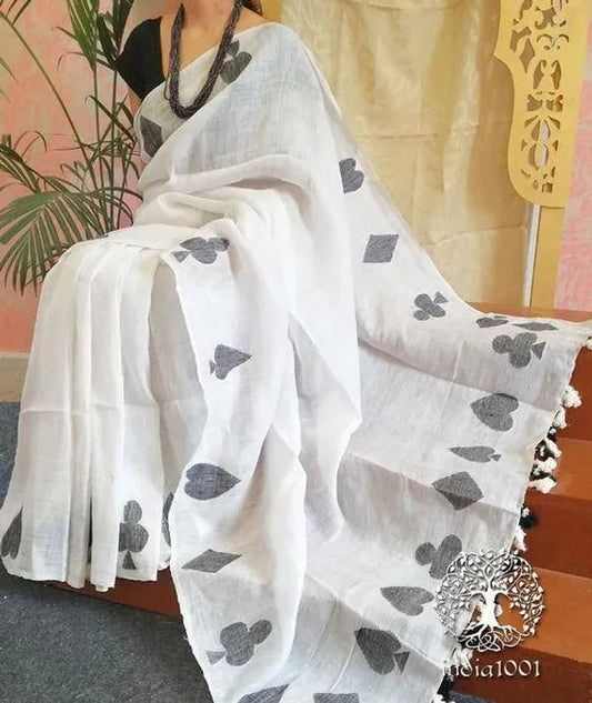 Pure Linen  White Color Saree with Digital Print in  Trendy Design