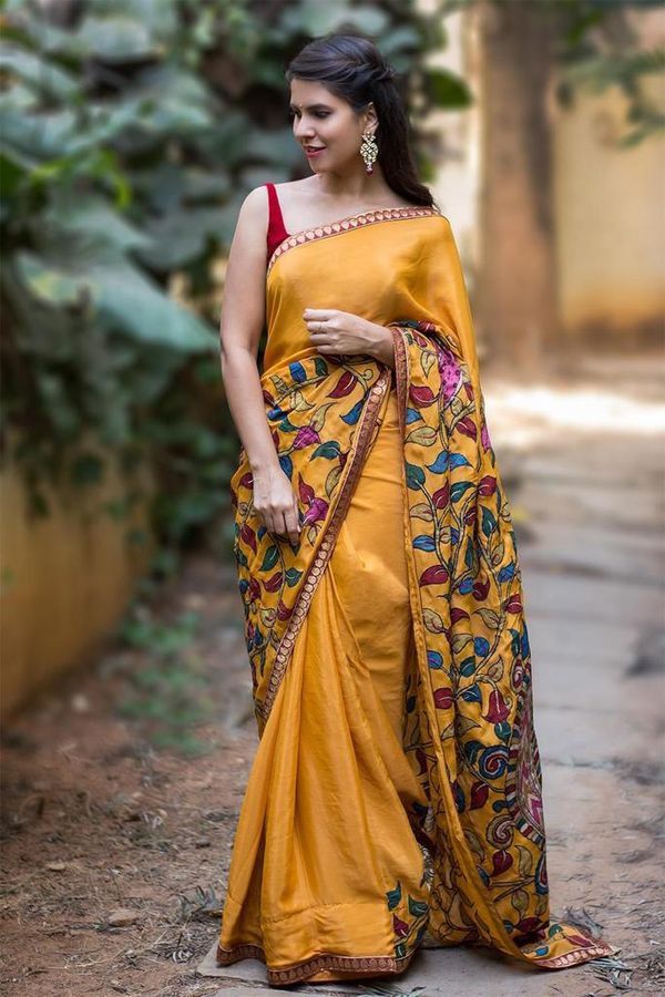 Pure Linen  mustard Color Saree with Digital Print in  Leaf Design