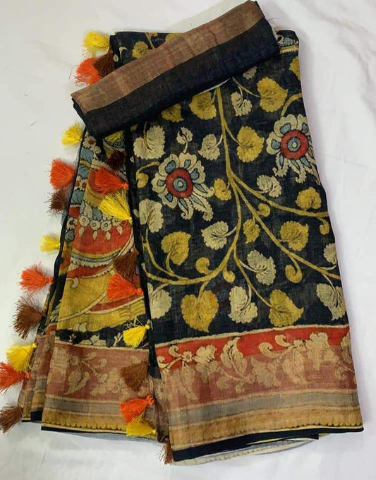 Pure Linen  Black  Color Saree with Digital Print in  Leaf Design