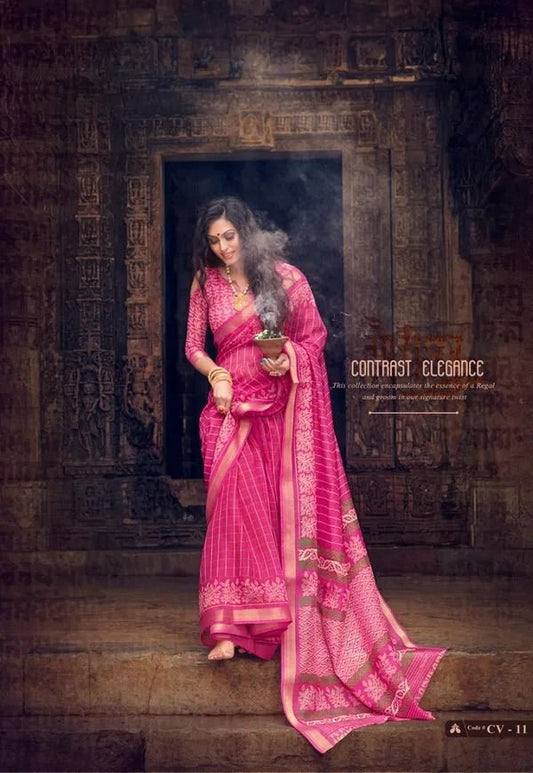 Pure Linen Pink Color Saree with Digital Print in  Traditional Design