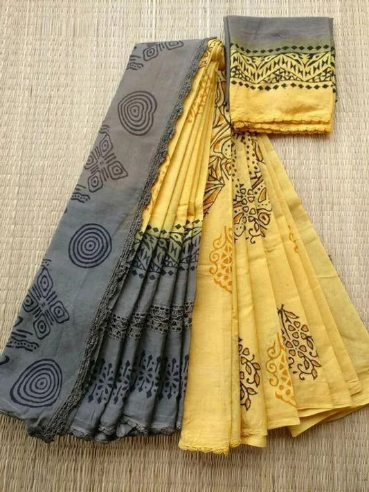 Pure Linen Yellow N Grey Color Saree with Digital Print in Batik Design