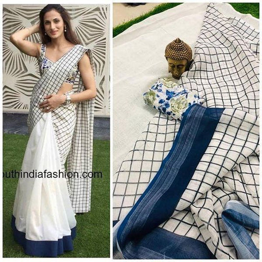 Pure Linen White N Blue Color Saree with Digital Print in Chex Design