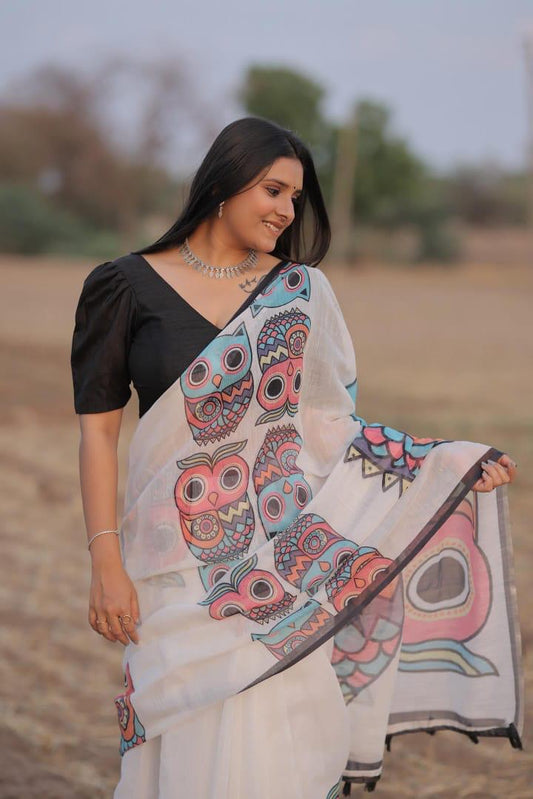 Pure Linen White Color Saree with Digital Print in Traditional Design