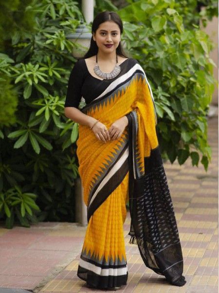 Pure Linen Yellow N Black Color Saree with Digital Print in Traditional Design