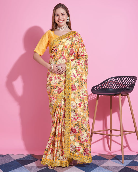 Yellow Color Vichitra Silk Saree Cro-Chet work with Digital Print