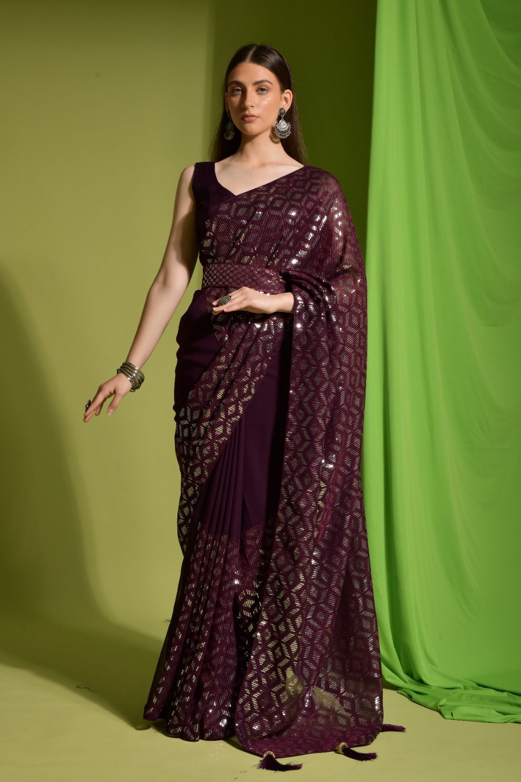 Muskan  Sarees: Wine Soft Georgette with c pallu 3mm beautiful sequence