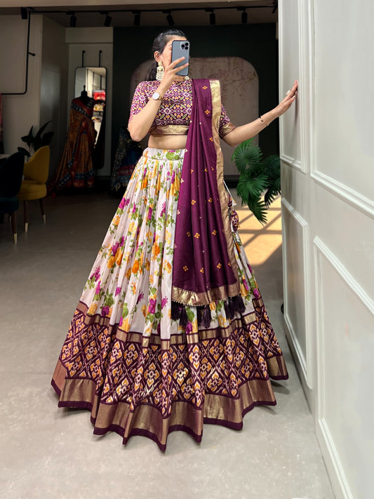 Wine Color Printed Tussar Silk Lehenga Choli with Patola and Foil Print