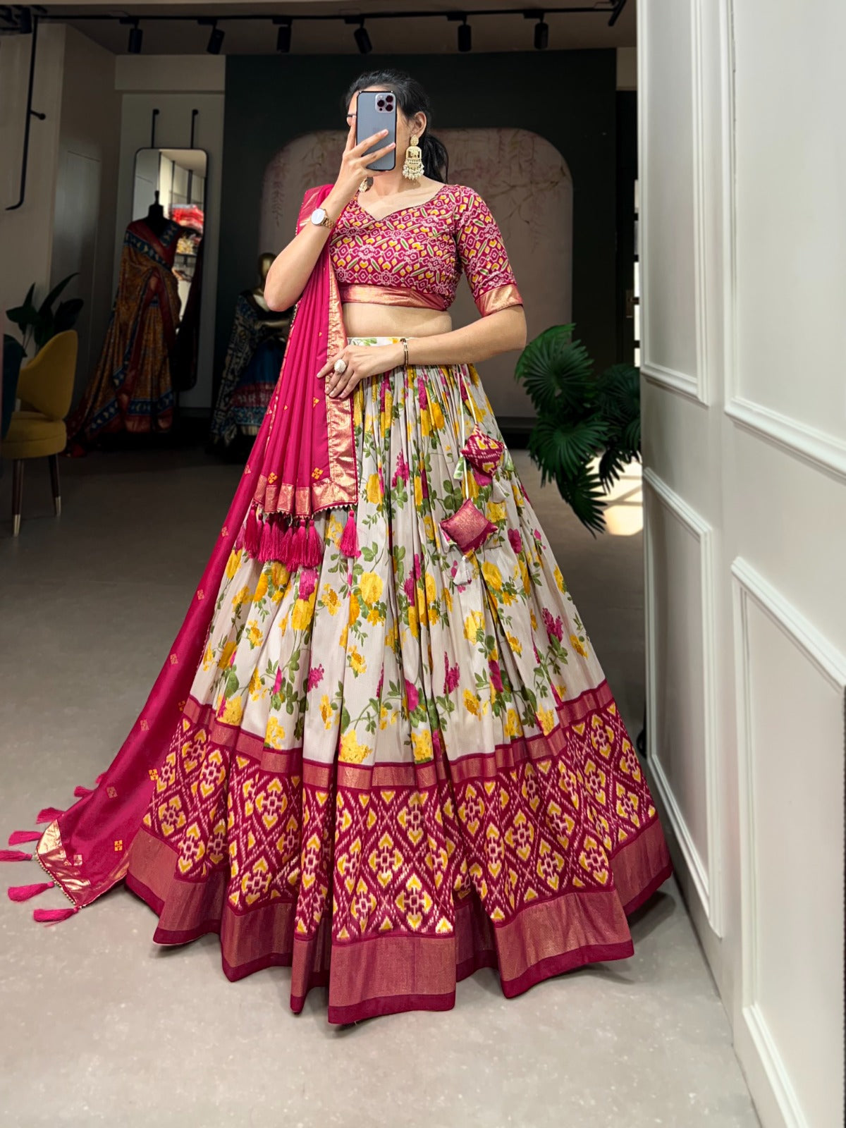 Pink Color Printed Tussar Silk Lehenga Choli with Patola and Foil Print