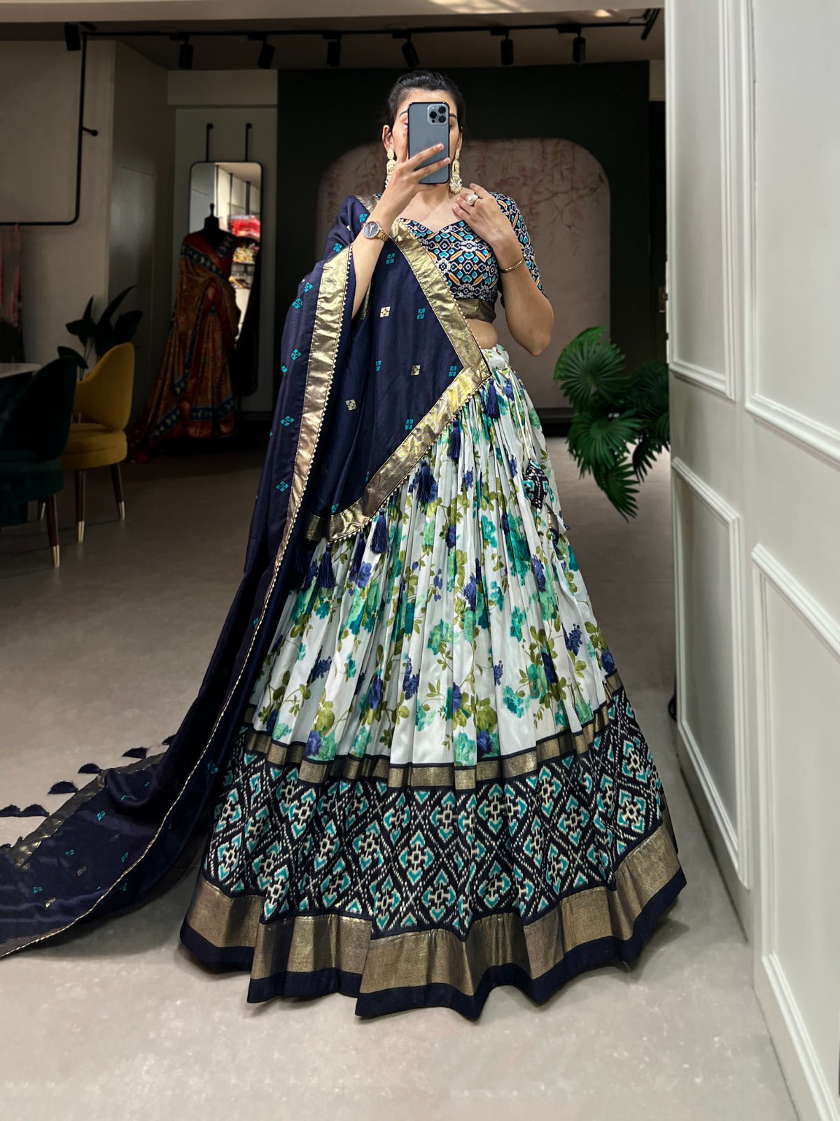 Blue Color Printed Tussar Silk Lehenga Choli with Patola and Foil Print