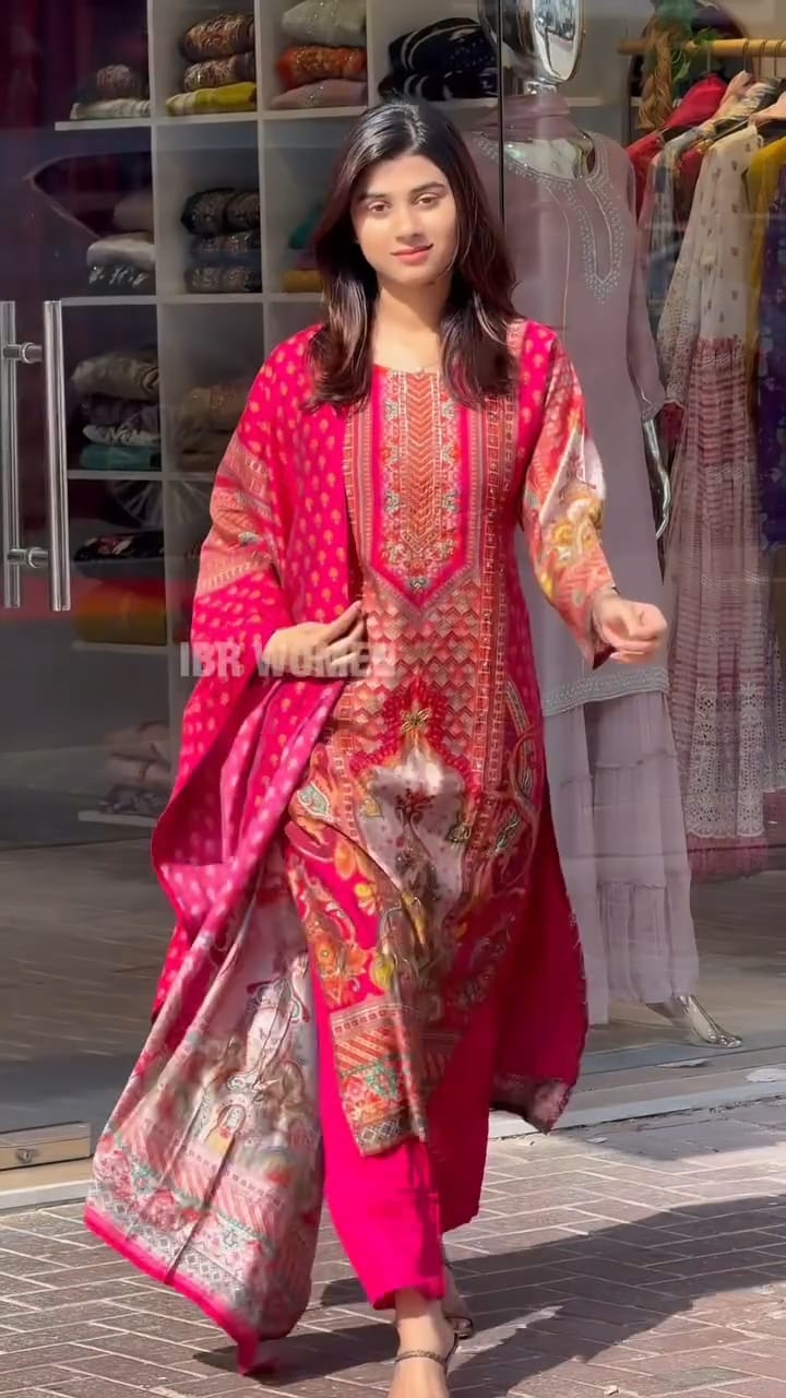 Beautifully Red Muslin Pakistani Suit Set with Digital Print