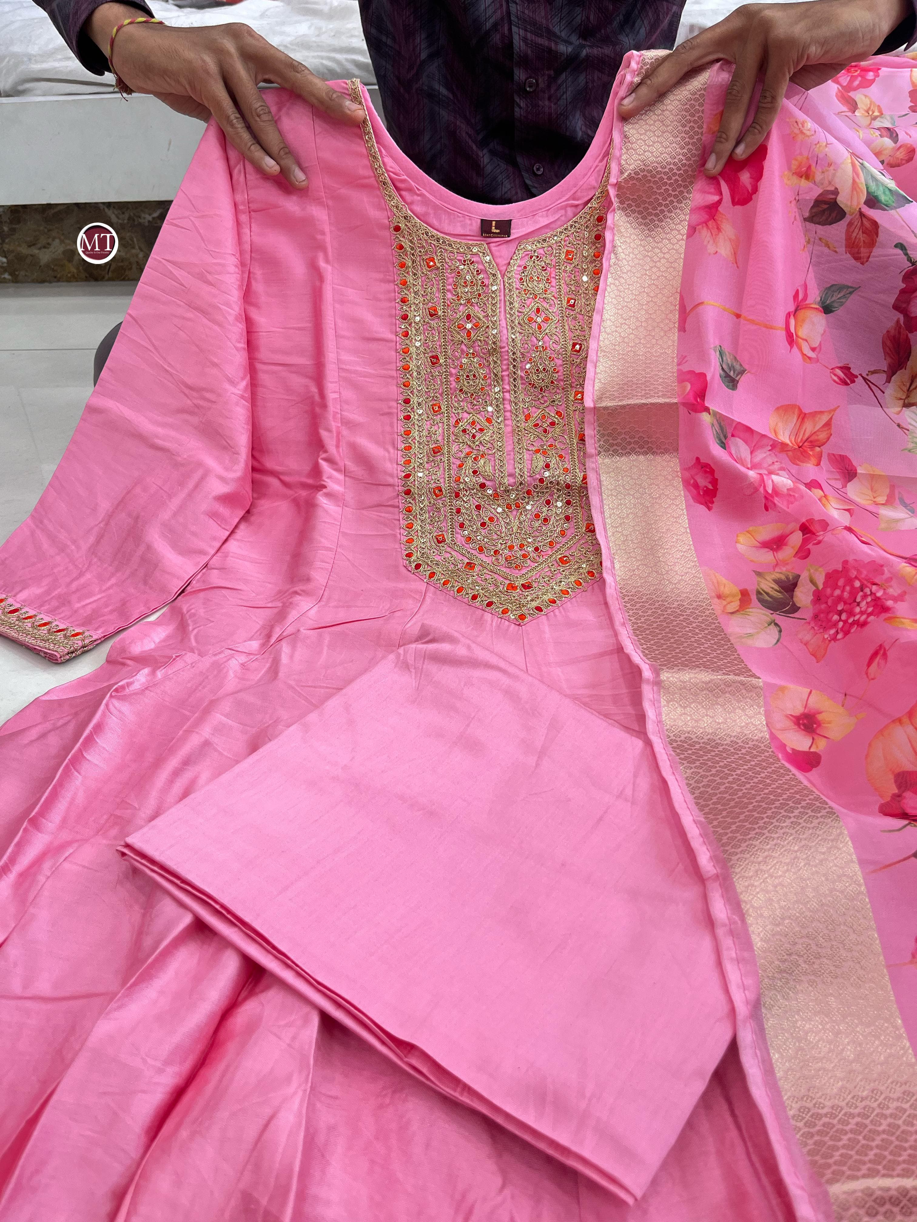 Royale Anarkali Silk With Flared Kurti, Pant & Banarasi Dupatta Set