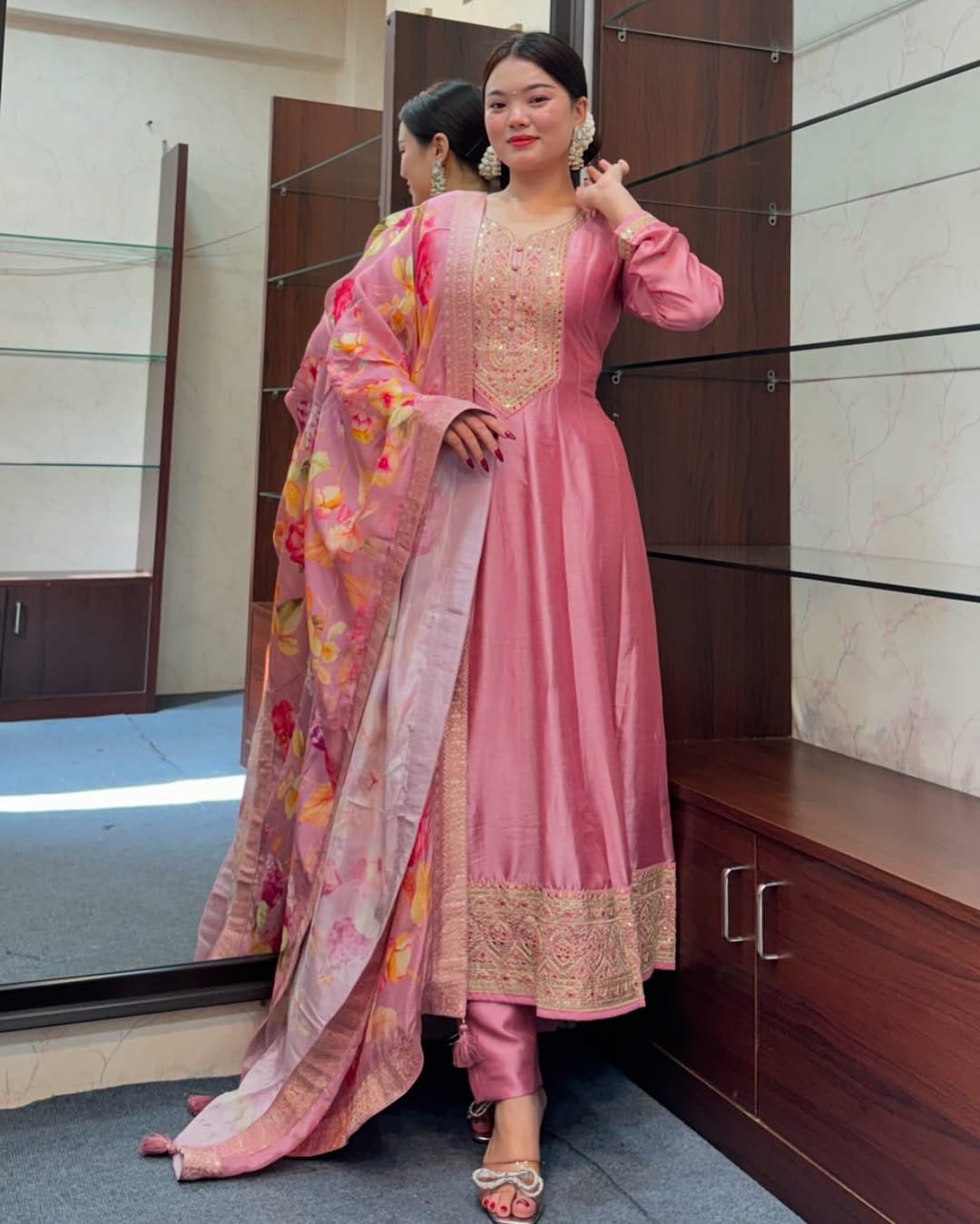 Royale Anarkali Silk With Flared Kurti, Pant & Banarasi Dupatta Set
