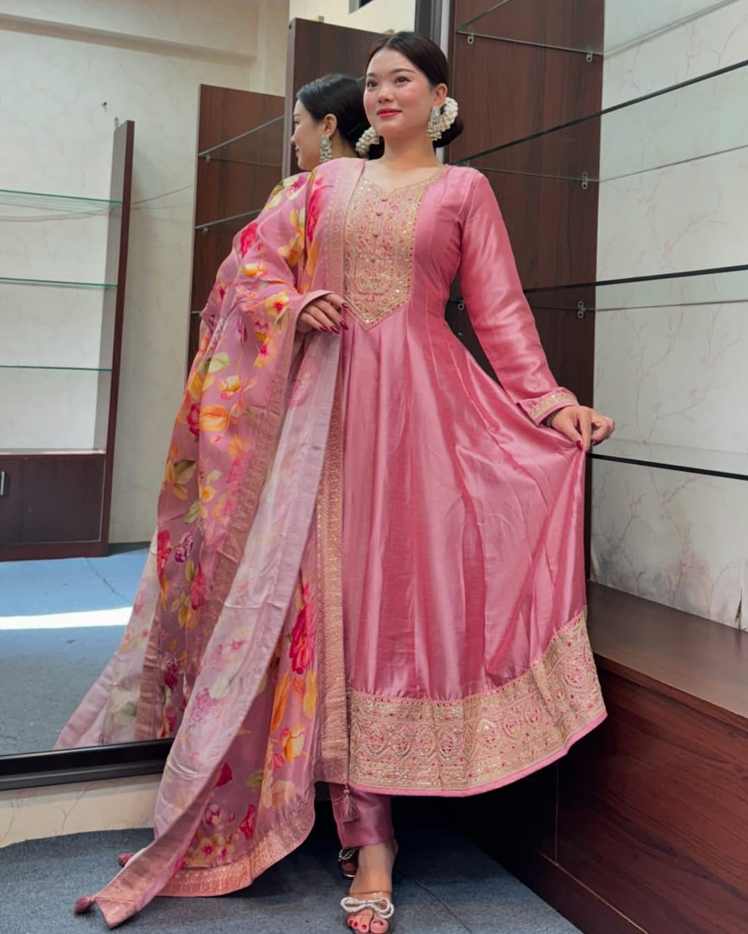 Royale Anarkali Silk With Flared Kurti, Pant & Banarasi Dupatta Set