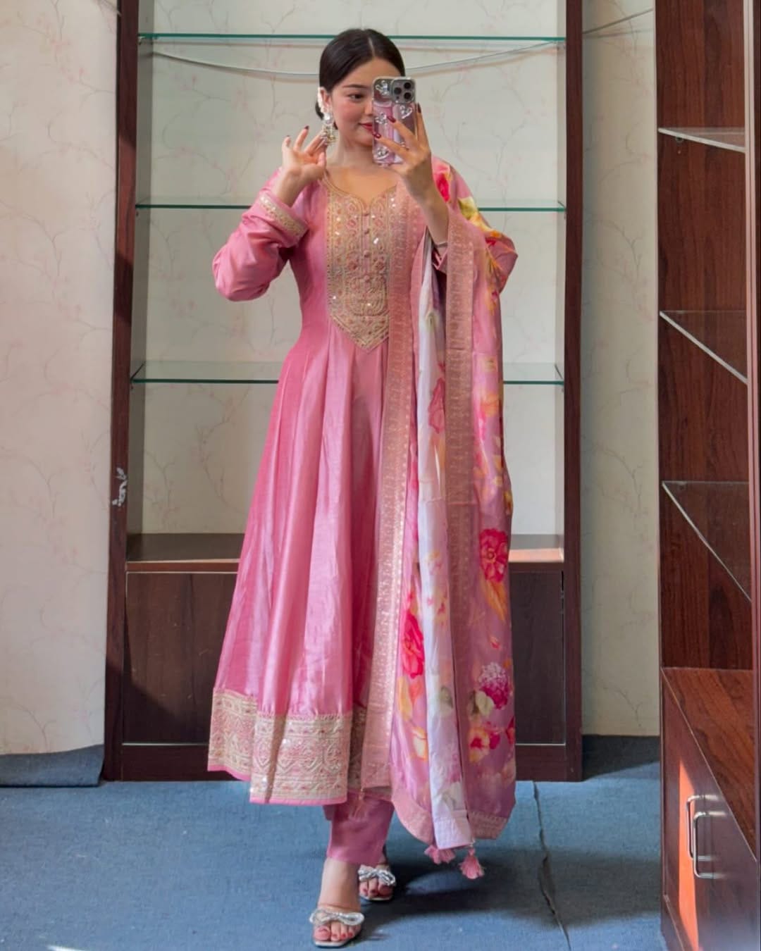 Royale Anarkali Silk With Flared Kurti, Pant & Banarasi Dupatta Set