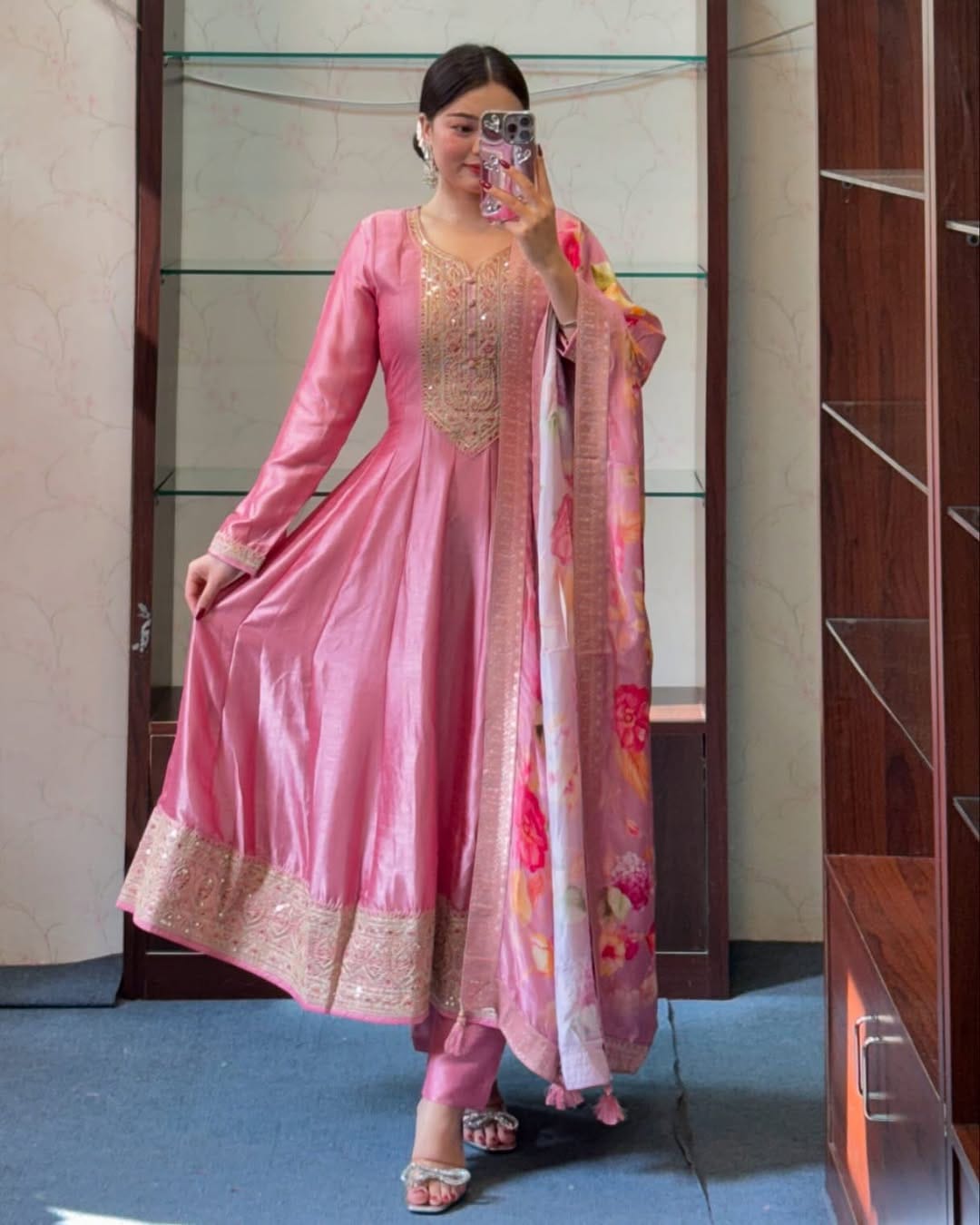 Royale Anarkali Silk With Flared Kurti, Pant & Banarasi Dupatta Set