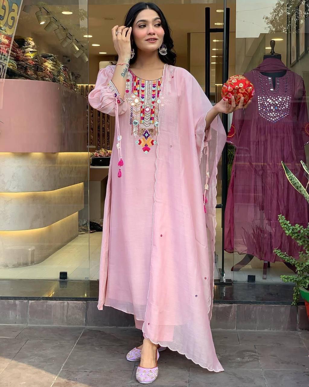 Cotton Silk Embroidered Suit Set with Chanderi Dupatta