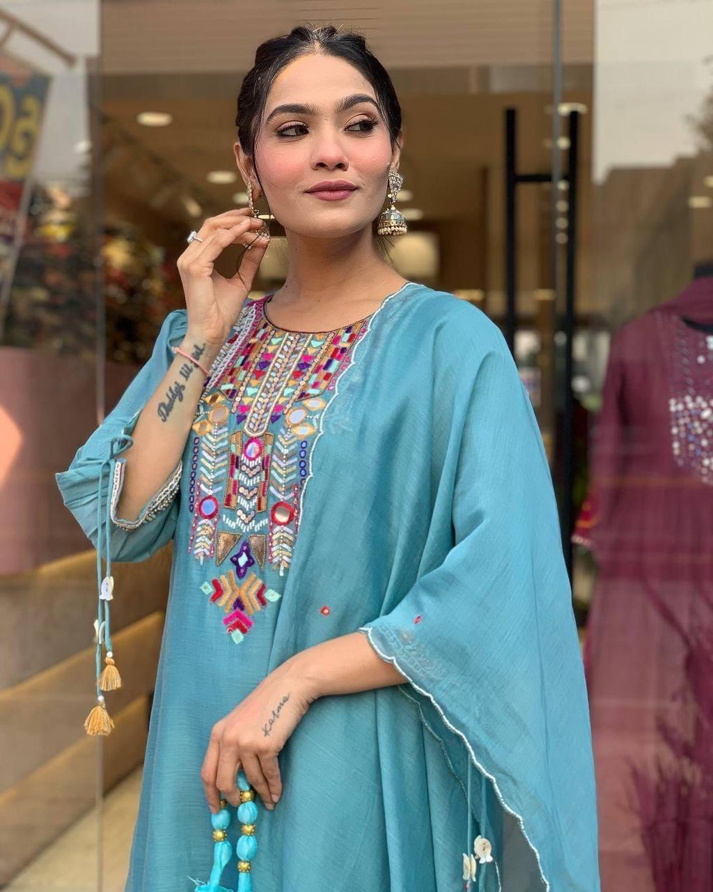 Cotton Silk Embroidered Suit Set with Chanderi Dupatta