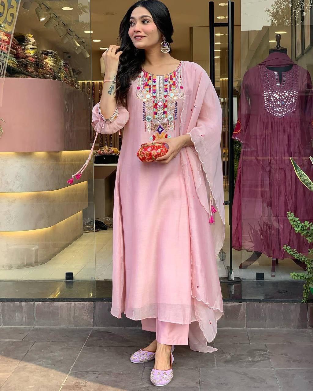 Cotton Silk Embroidered Suit Set with Chanderi Dupatta