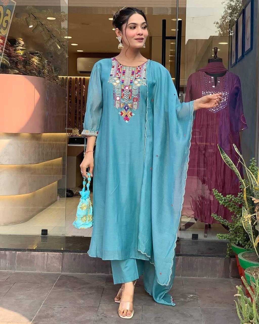 Cotton Silk Embroidered Suit Set with Chanderi Dupatta