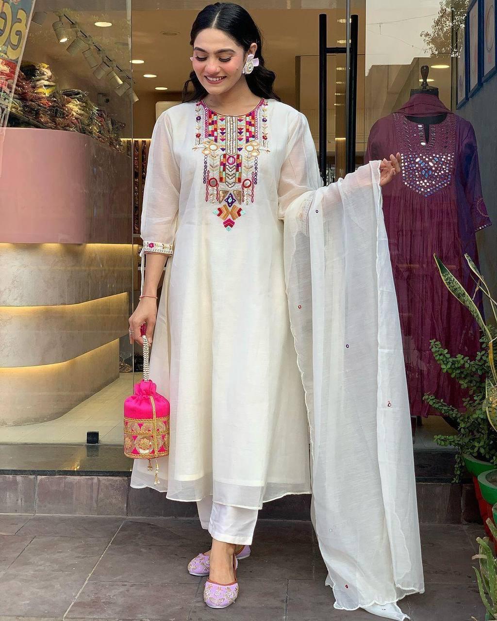 Cotton Silk Embroidered Suit Set with Chanderi Dupatta