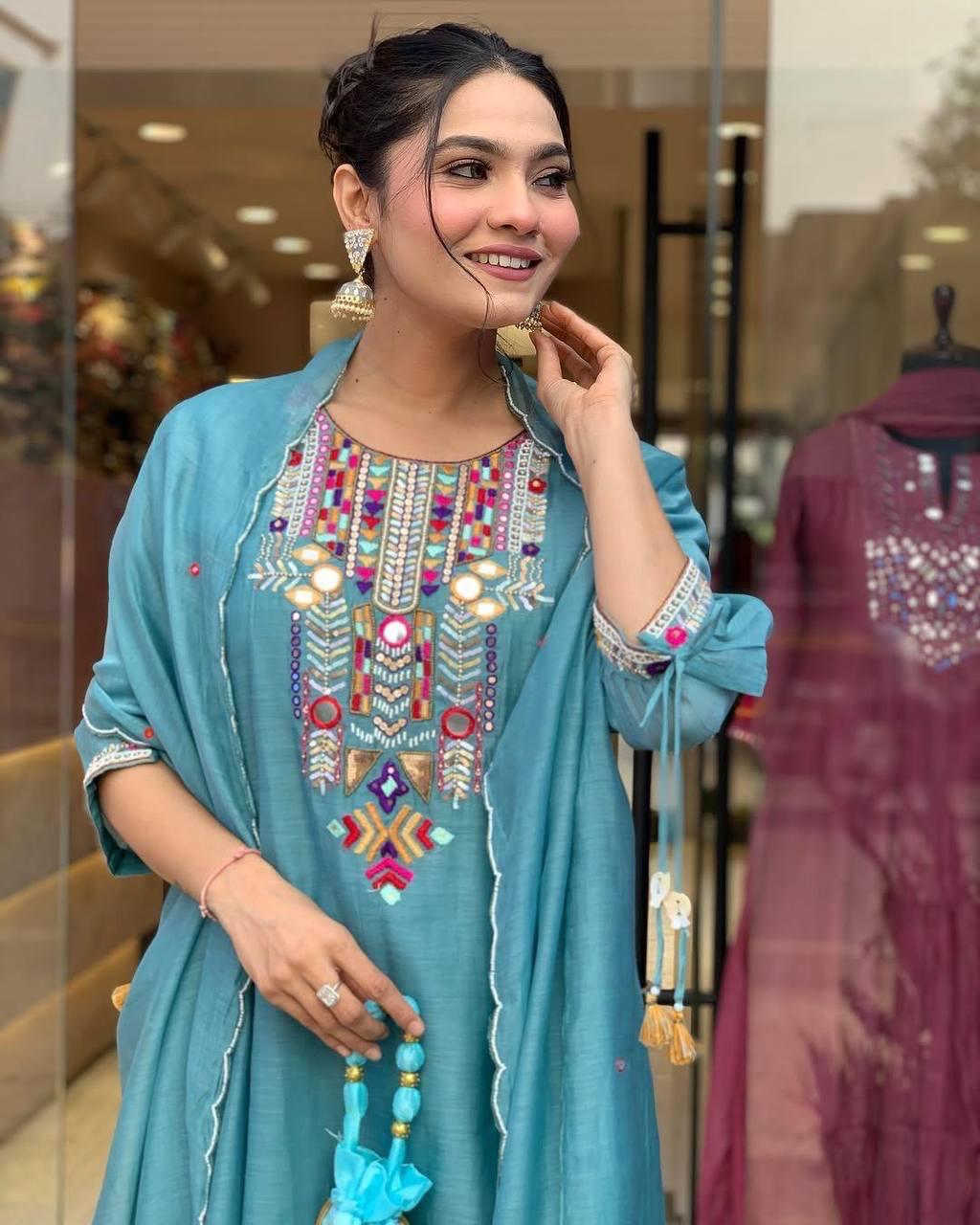 Cotton Silk Embroidered Suit Set with Chanderi Dupatta