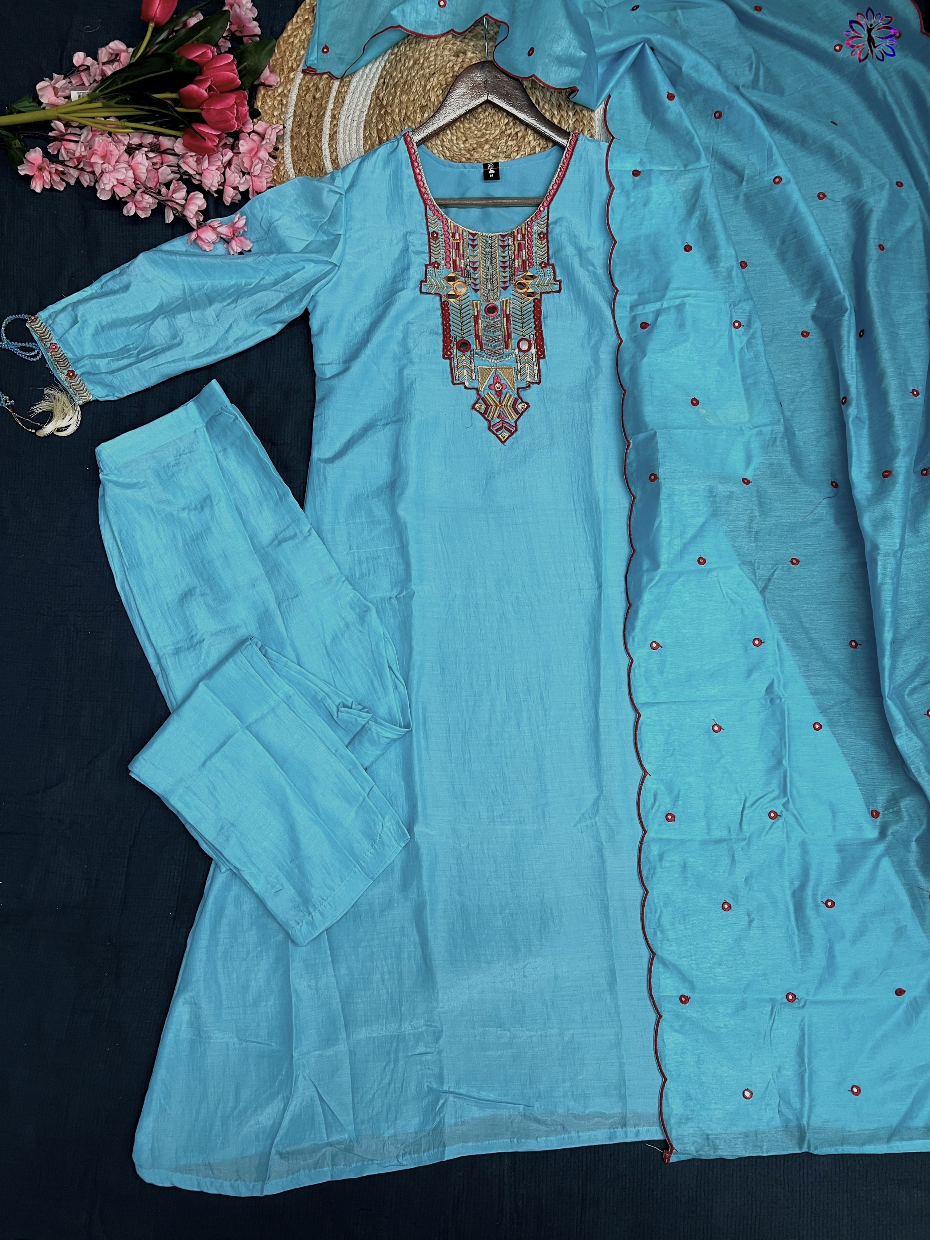 Cotton Silk Embroidered Suit Set with Chanderi Dupatta