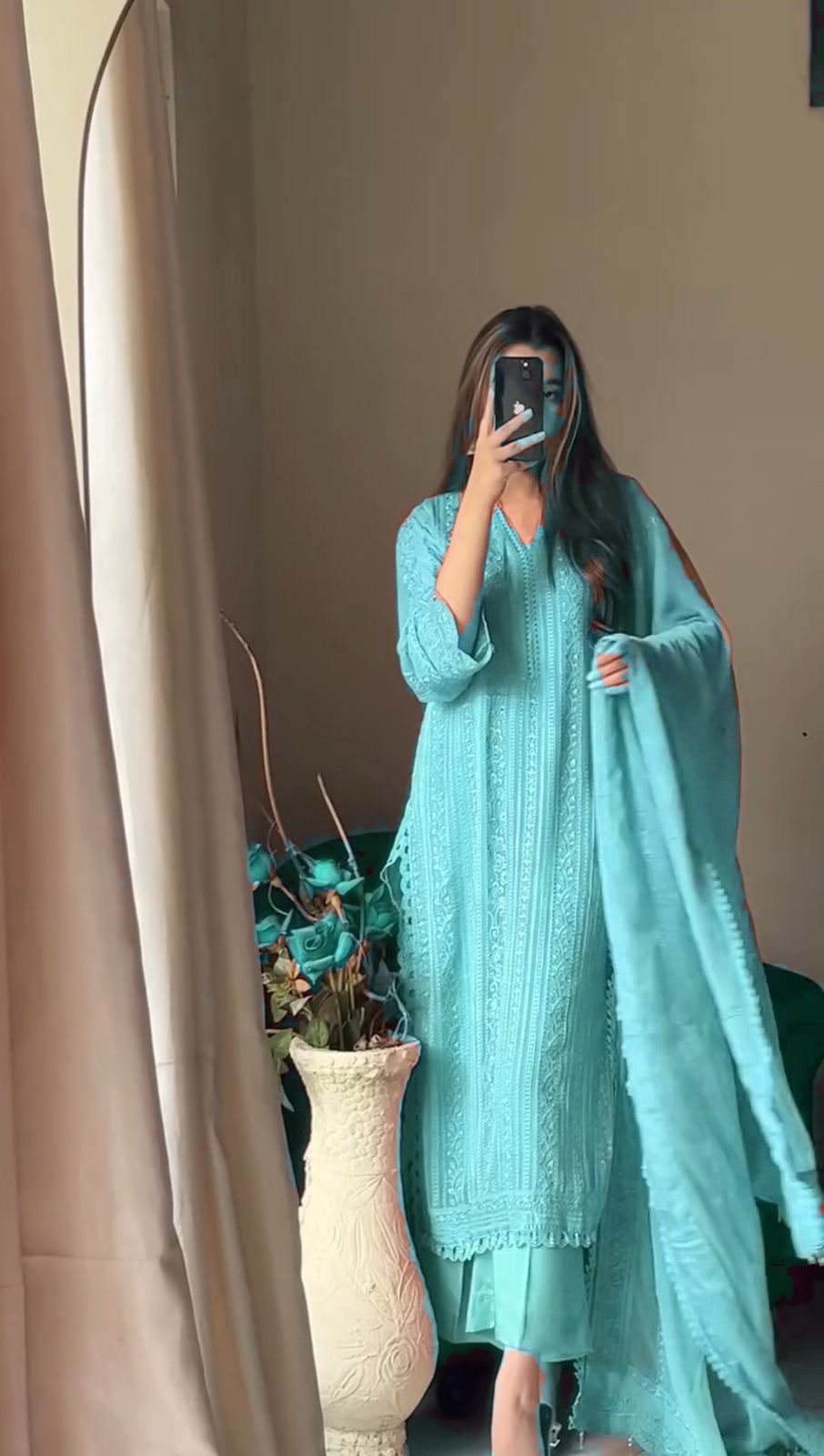 Beautiful Embroidered Chinon With Cotton Thread Suit Set