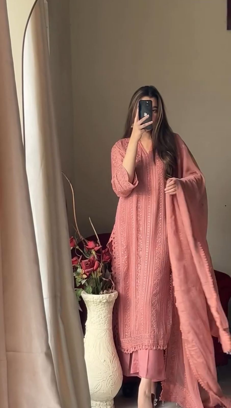 Beautiful Embroidered Chinon With Cotton Thread Suit Set