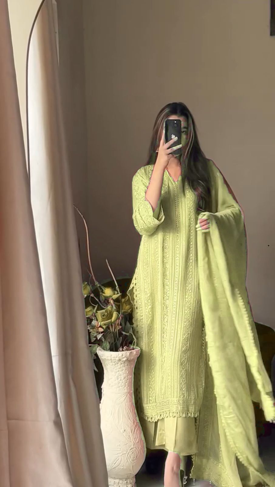 Beautiful Embroidered Chinon With Cotton Thread Suit Set