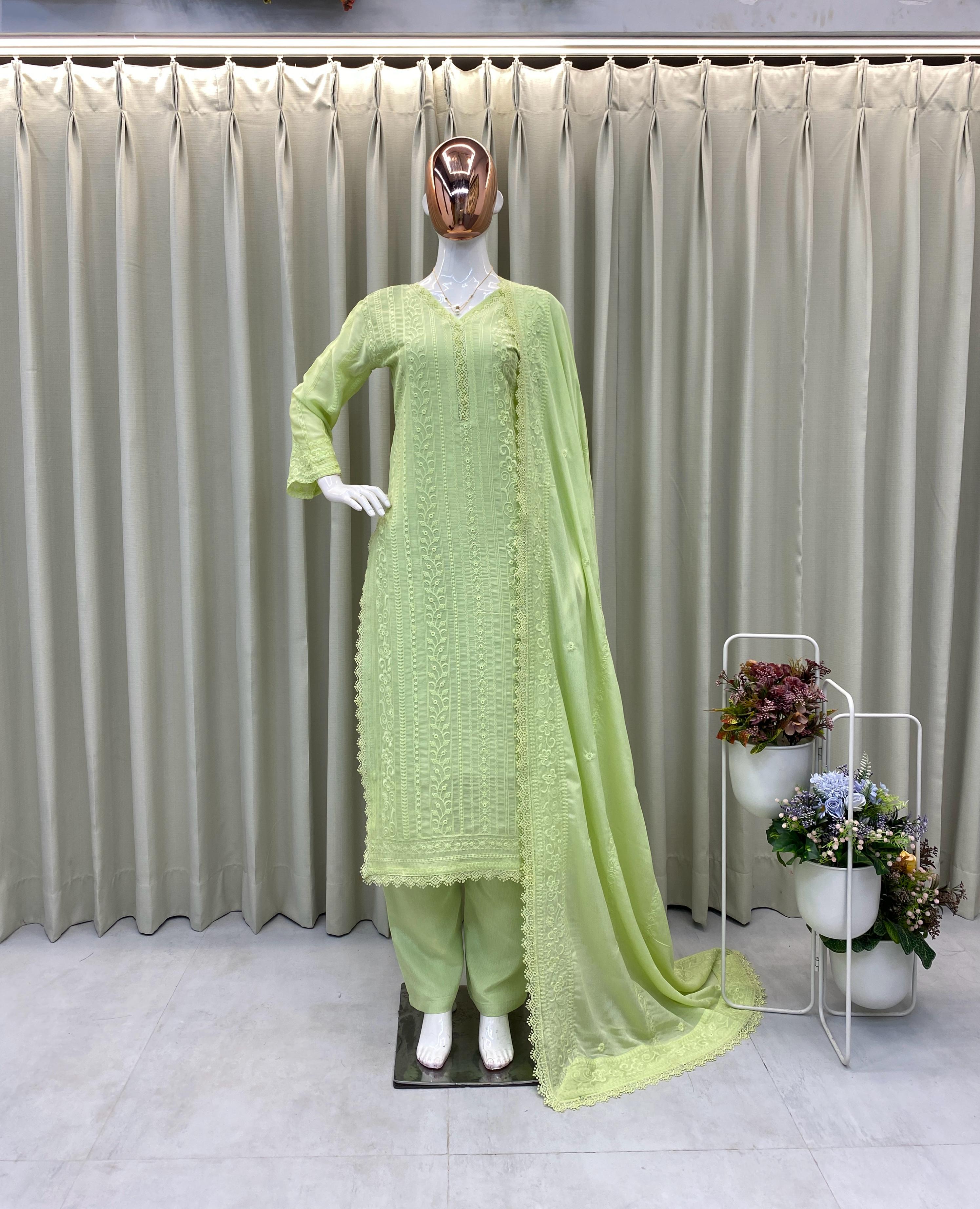 Beautiful Embroidered Chinon With Cotton Thread Suit Set