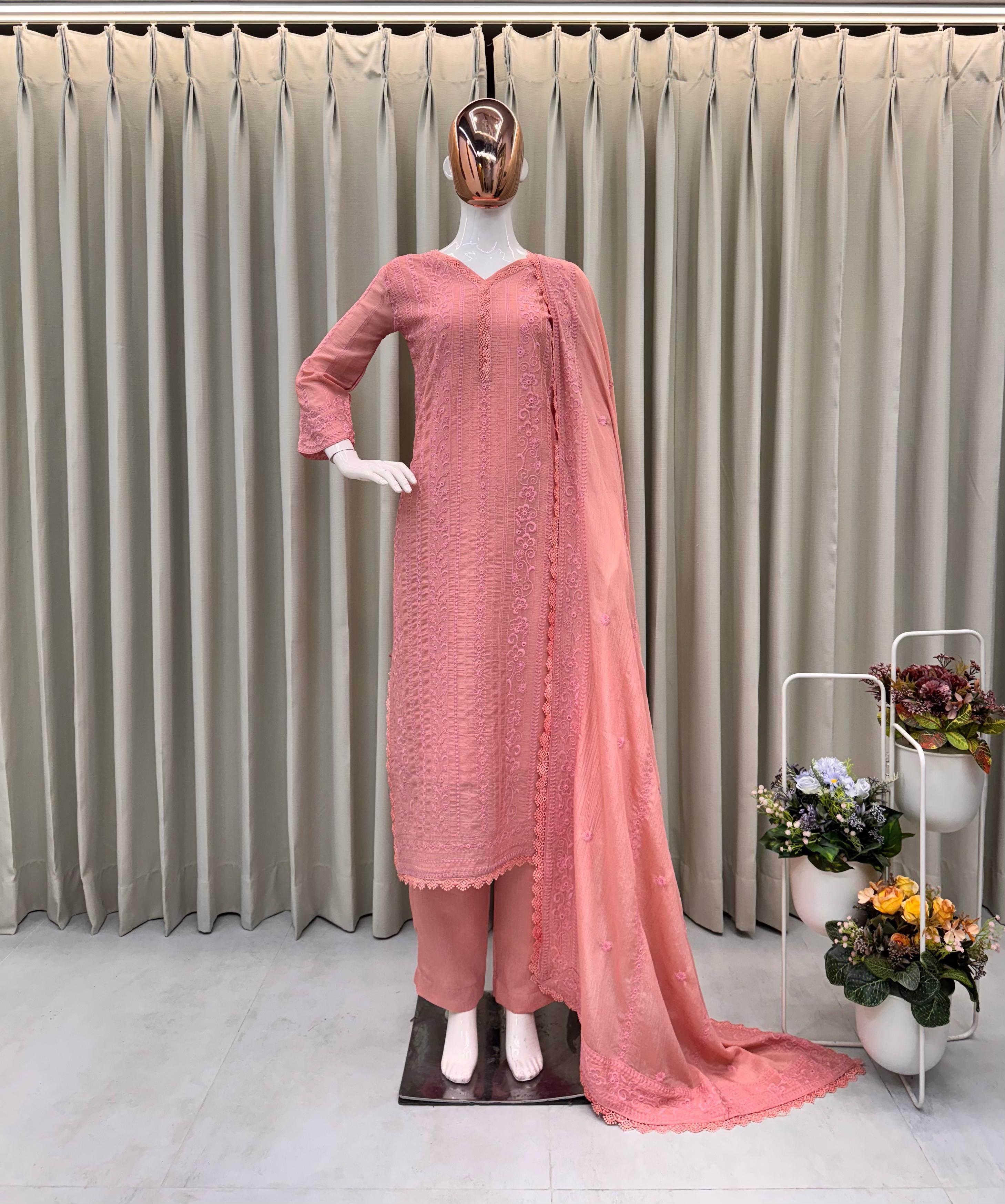 Beautiful Embroidered Chinon With Cotton Thread Suit Set