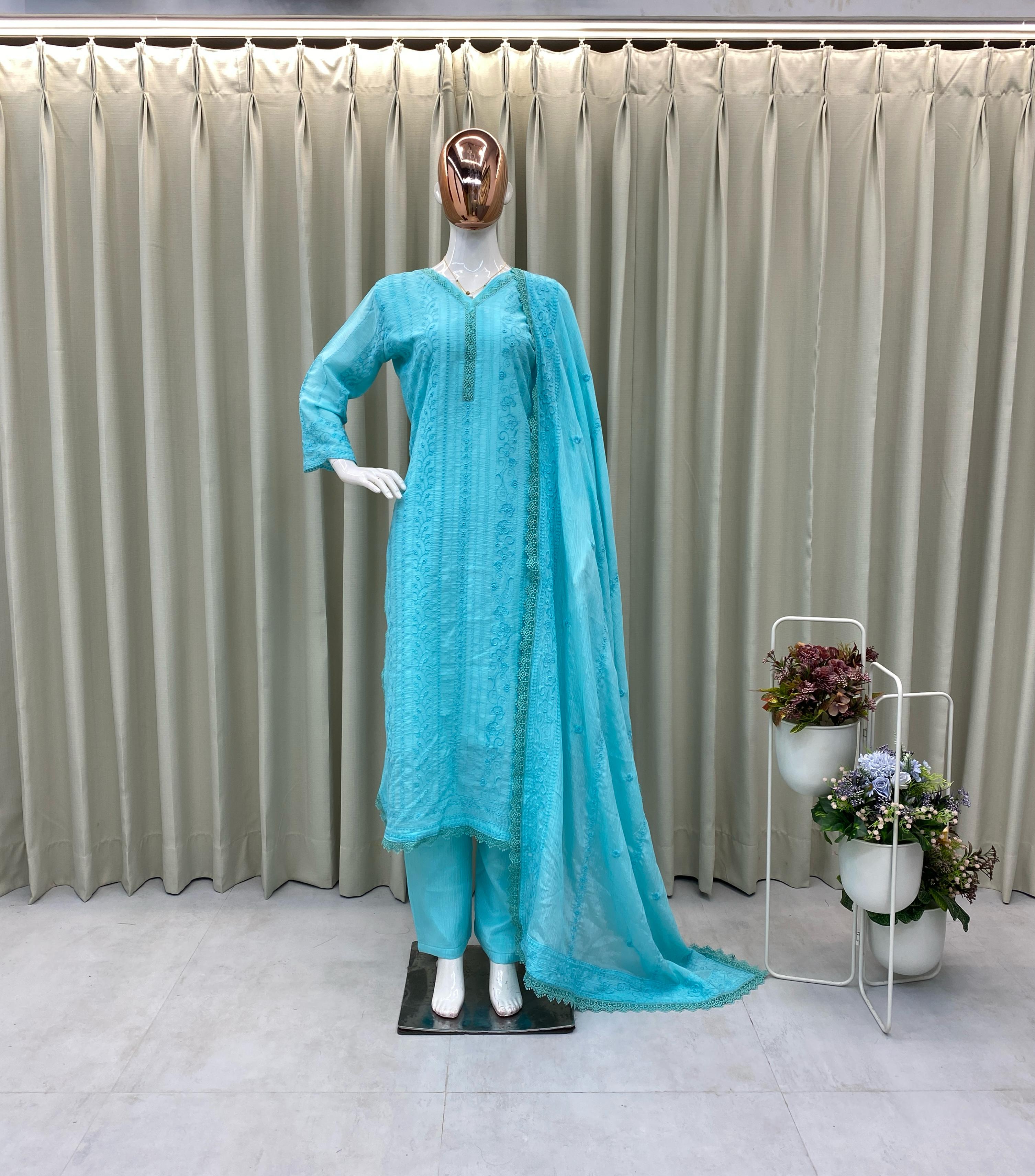 Beautiful Embroidered Chinon With Cotton Thread Suit Set