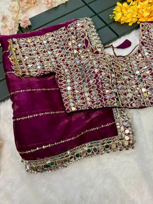 Mirror Magic Organza Embroidered Saree Set (Purple)