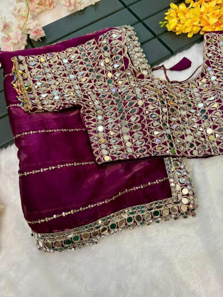 Mirror Magic Organza Embroidered Saree Set (Purple)