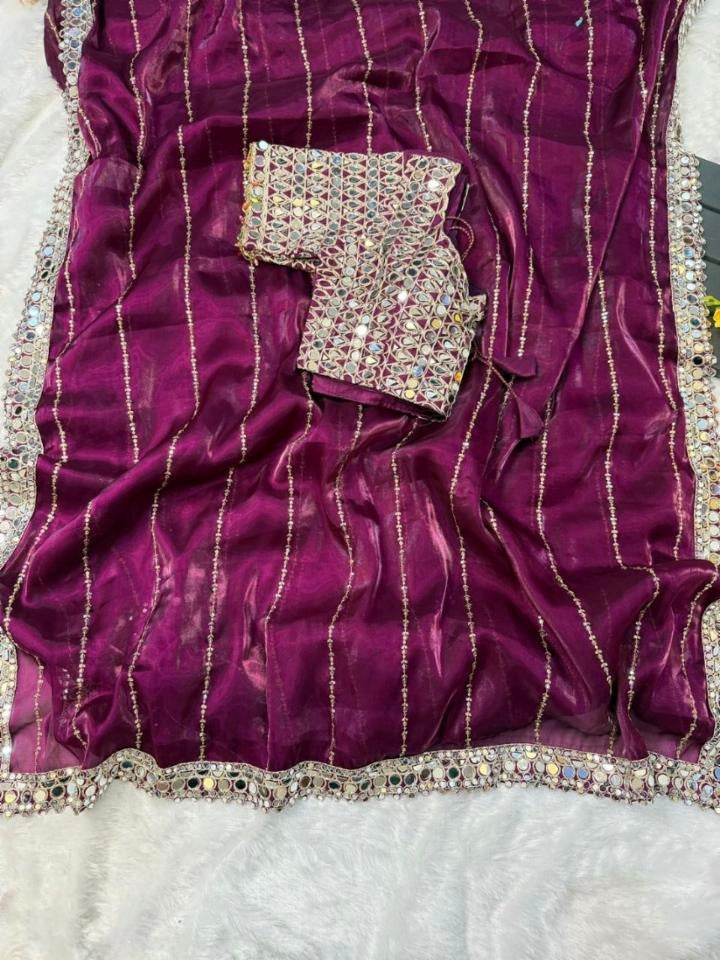 Mirror Magic Organza Embroidered Saree Set (Purple)