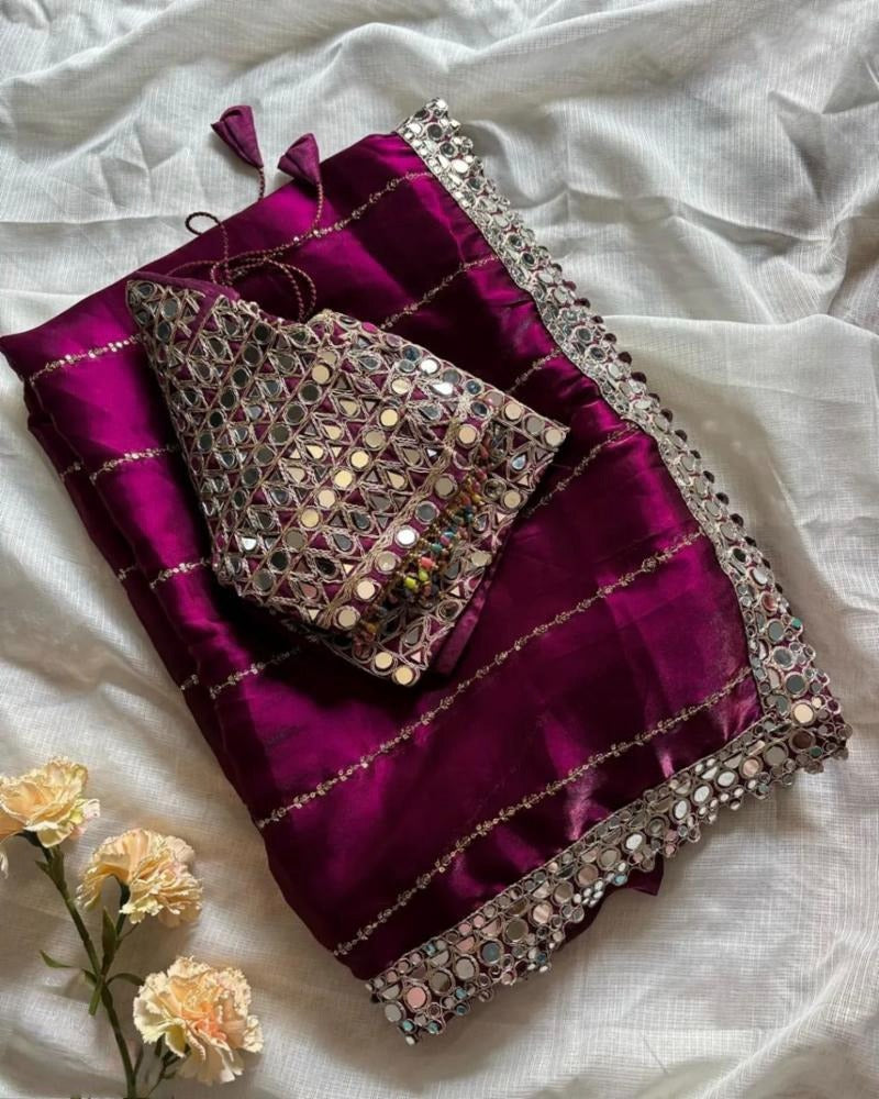 Mirror Magic Organza Embroidered Saree Set (Purple)