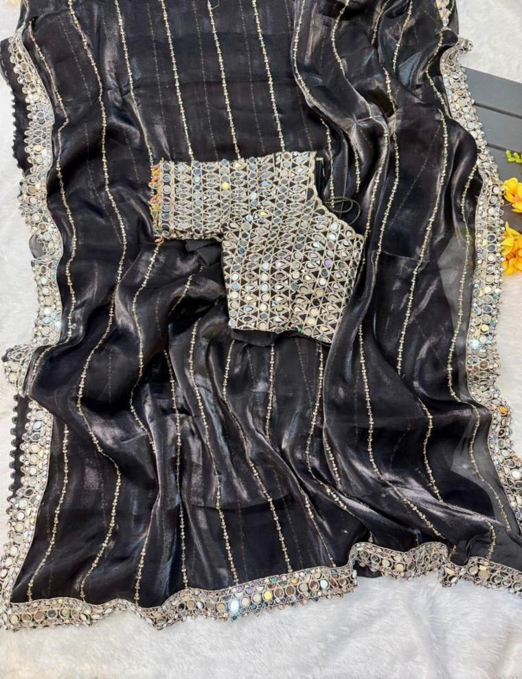 ✨ Mirror Magic Organza Embroidered Saree Set(Black)