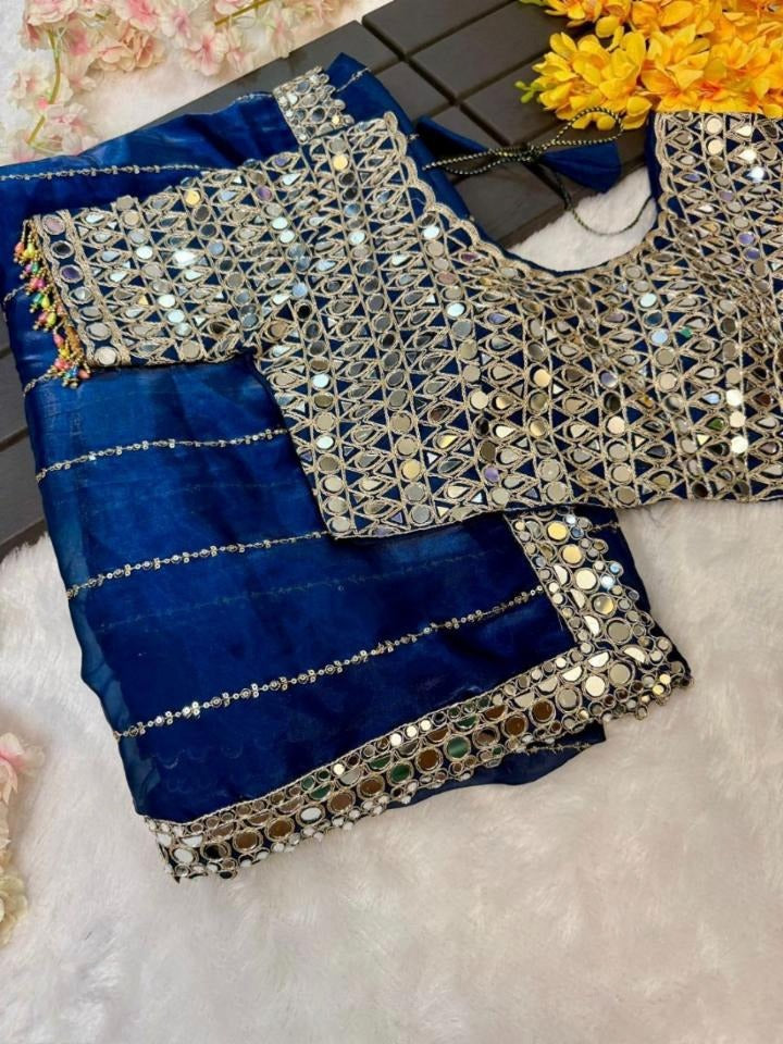 Mirror Magic Organza Embroidered Saree Set(Sky Blue)
