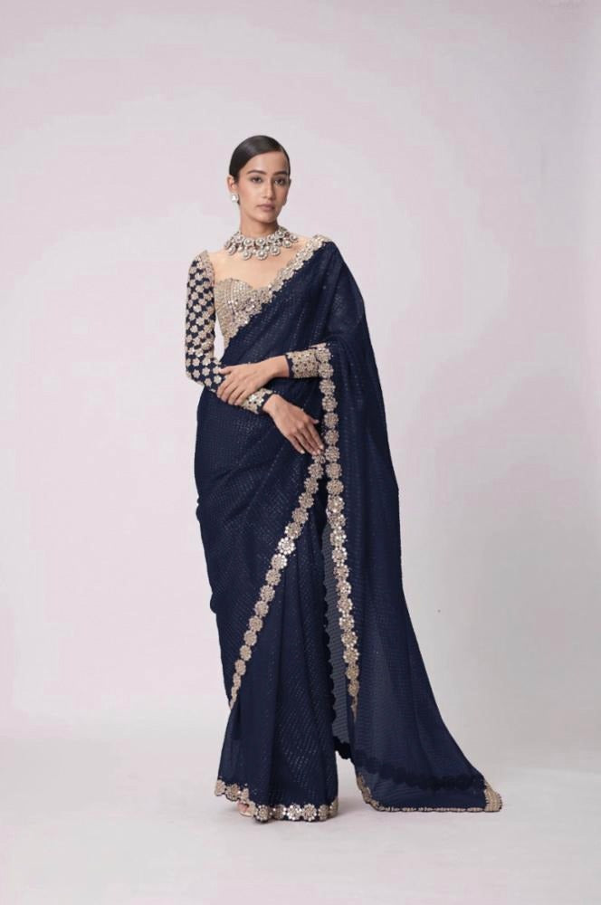 💠 “Bollywood Blockbuster Georgette Saree – Heavy Mirror Work | Party Wear Set”