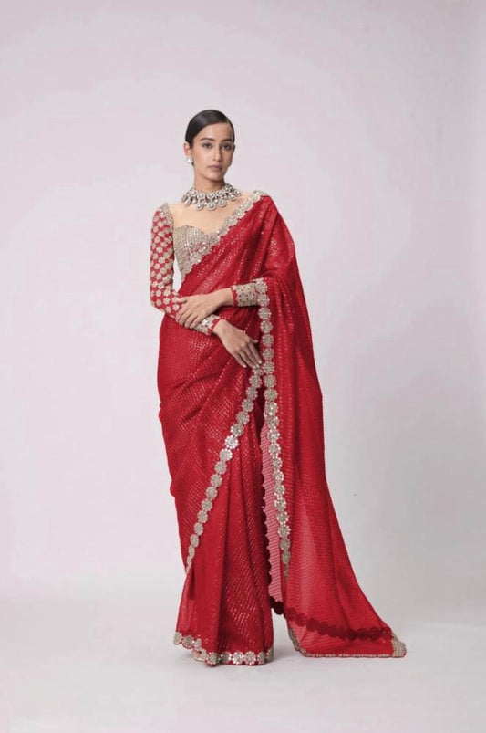 💠 “Bollywood Blockbuster Georgette Saree – Heavy Mirror Work | Party Wear Set”
