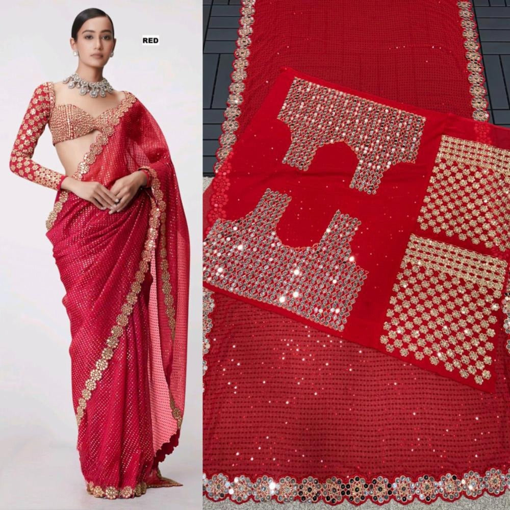 💠 “Bollywood Blockbuster Georgette Saree – Heavy Mirror Work | Party Wear Set”