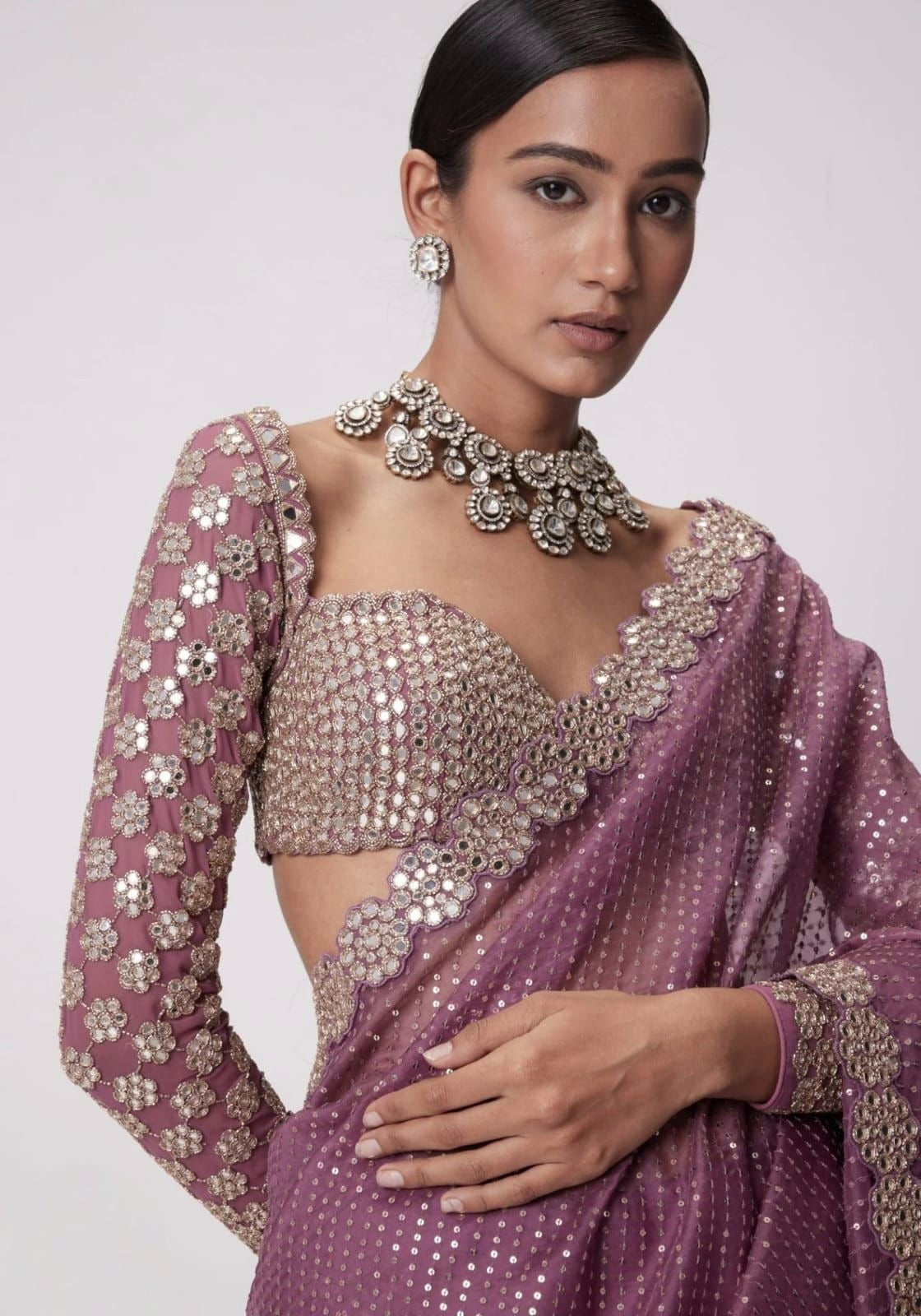 💠 “Bollywood Blockbuster Georgette Saree – Heavy Mirror Work | Party Wear Set”