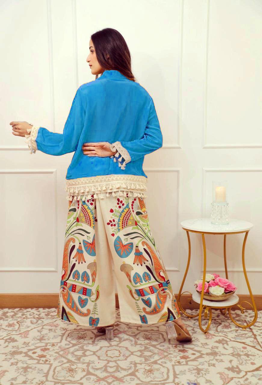 A-Cut Cotton Top with Lace & Digital Print Paired with Plazo | 3 Piece Set with Bracelet