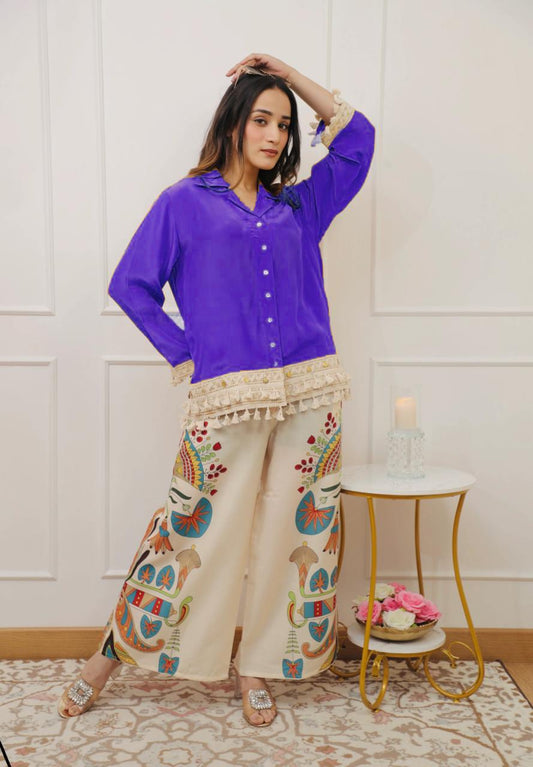 A-Cut Cotton Top with Lace & Digital Print Paired with Plazo | 3 Piece Set with Bracelet
