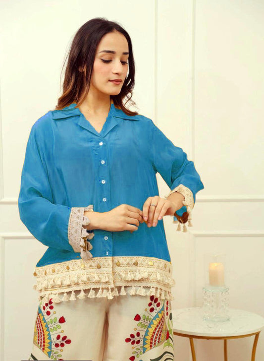 A-Cut Cotton Top with Lace & Digital Print Paired with Plazo | 3 Piece Set with Bracelet