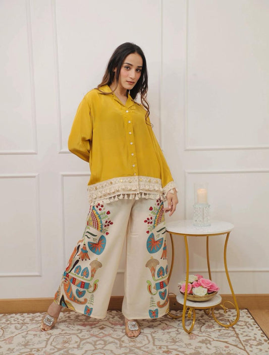 A-Cut Cotton Top with Lace & Digital Print Paired with Plazo | 3 Piece Set with Bracelet