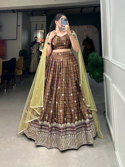 Chinon Embroidered Lehenga with Sequins Work & Net Dupatta